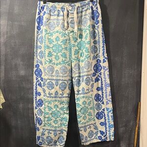 ZARA Blue White Tile Print Pants Womens Drawstring Wide Leg Boho Coastal